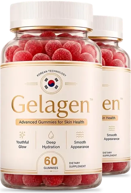 Two bottles of Gelagen gummies for skin, hair and nails